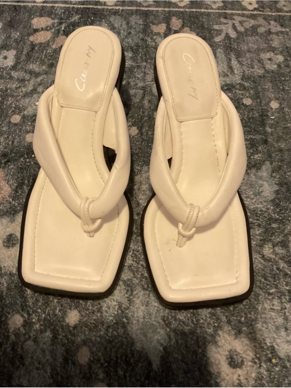 Cream Square-Toe Thong Sandals with Padded Straps